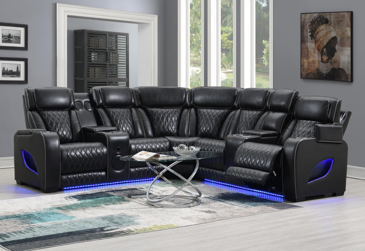 Black 3-Piece Power LED Sectional, Power Headrest, Heat, Massage Wireless Charger, And USB