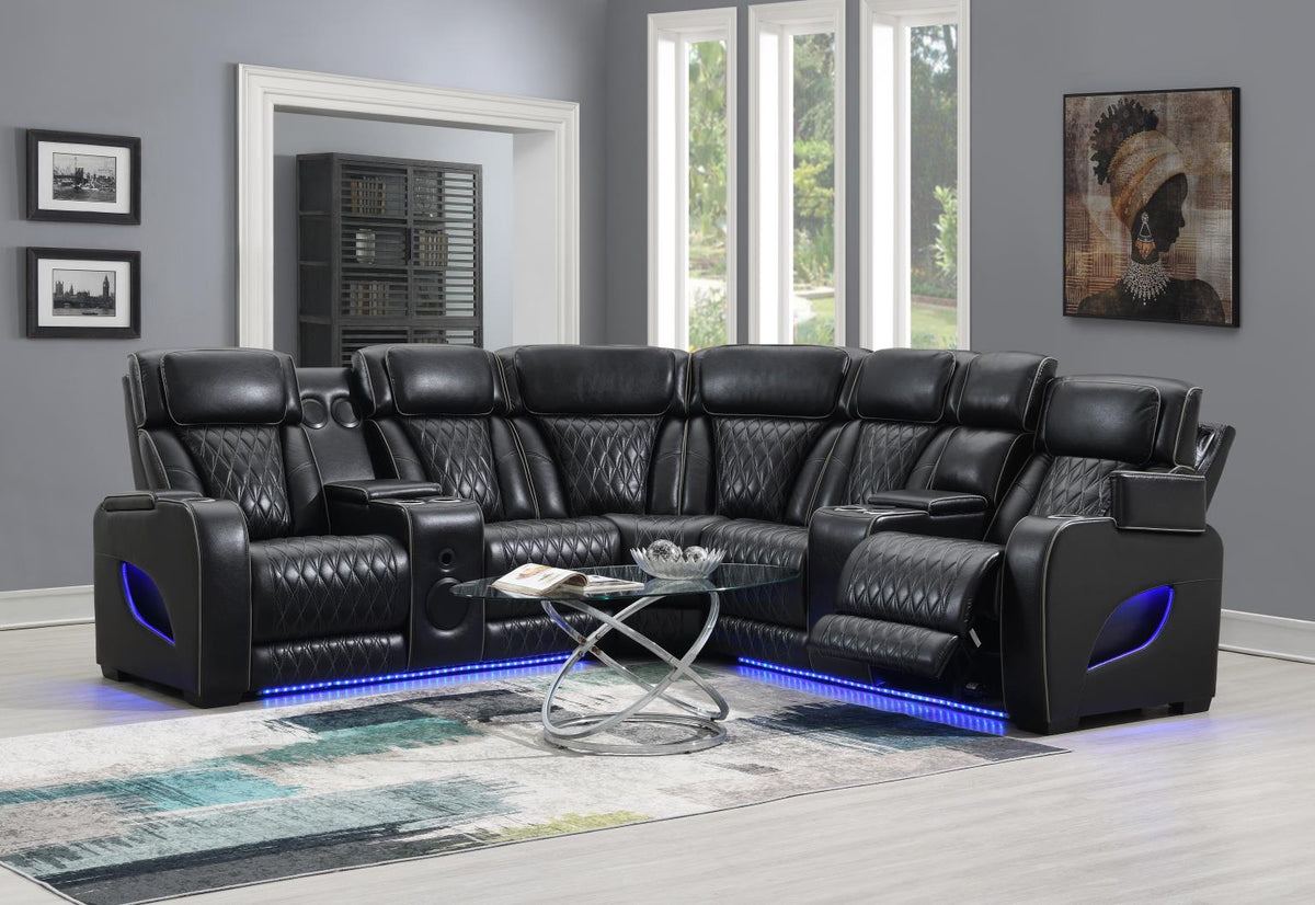 Black 3-Piece Power LED Sectional, Power Headrest, Heat, Massage Wireless Charger, And USB