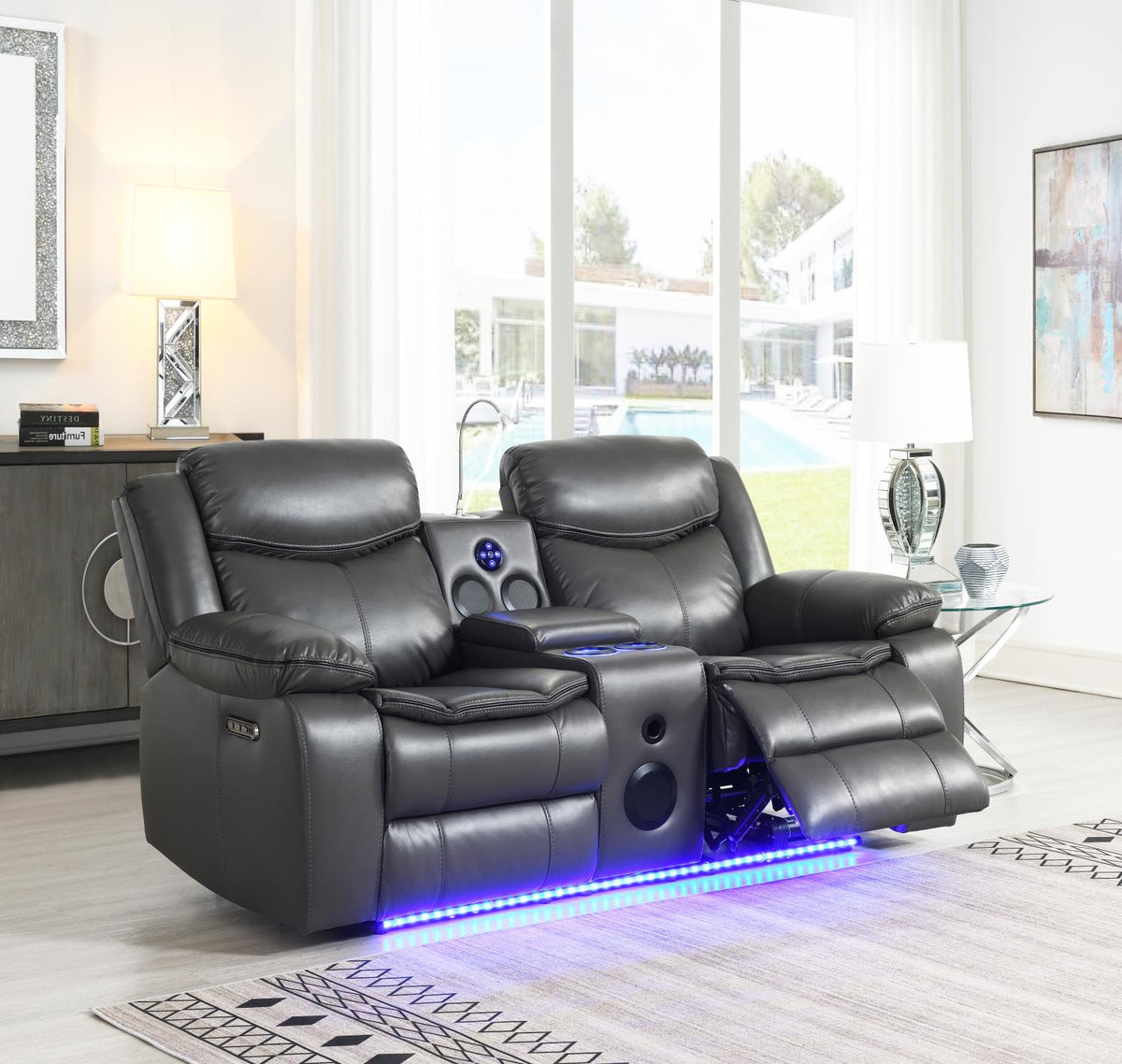 Gray Power Reclining Loveseat with LED Light & Speaker
