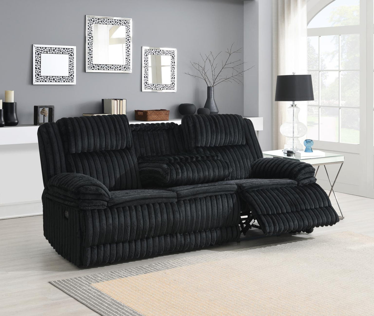 Black Corduroy Motion Sofa with Dropdown