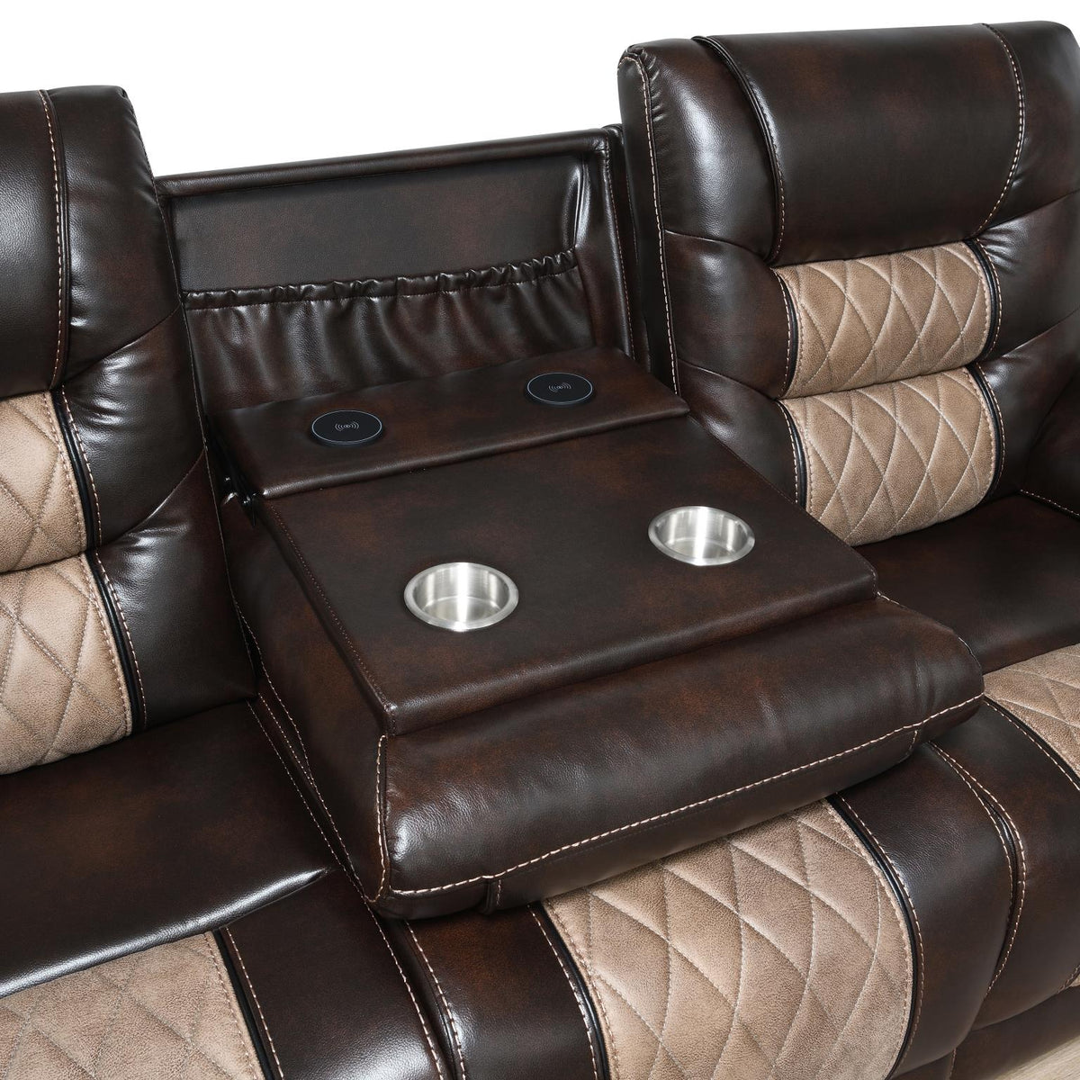 Brown Motion Sofa with Drop Down, And Two Wireless Chargers