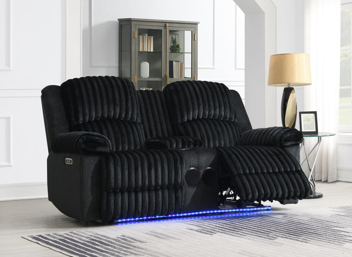 Black Corduroy Power LED Reclining Loveseat with Bluetooth Speaker