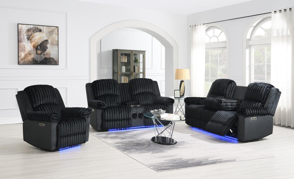 Black Corduroy Power LED Reclining Loveseat with Bluetooth Speaker