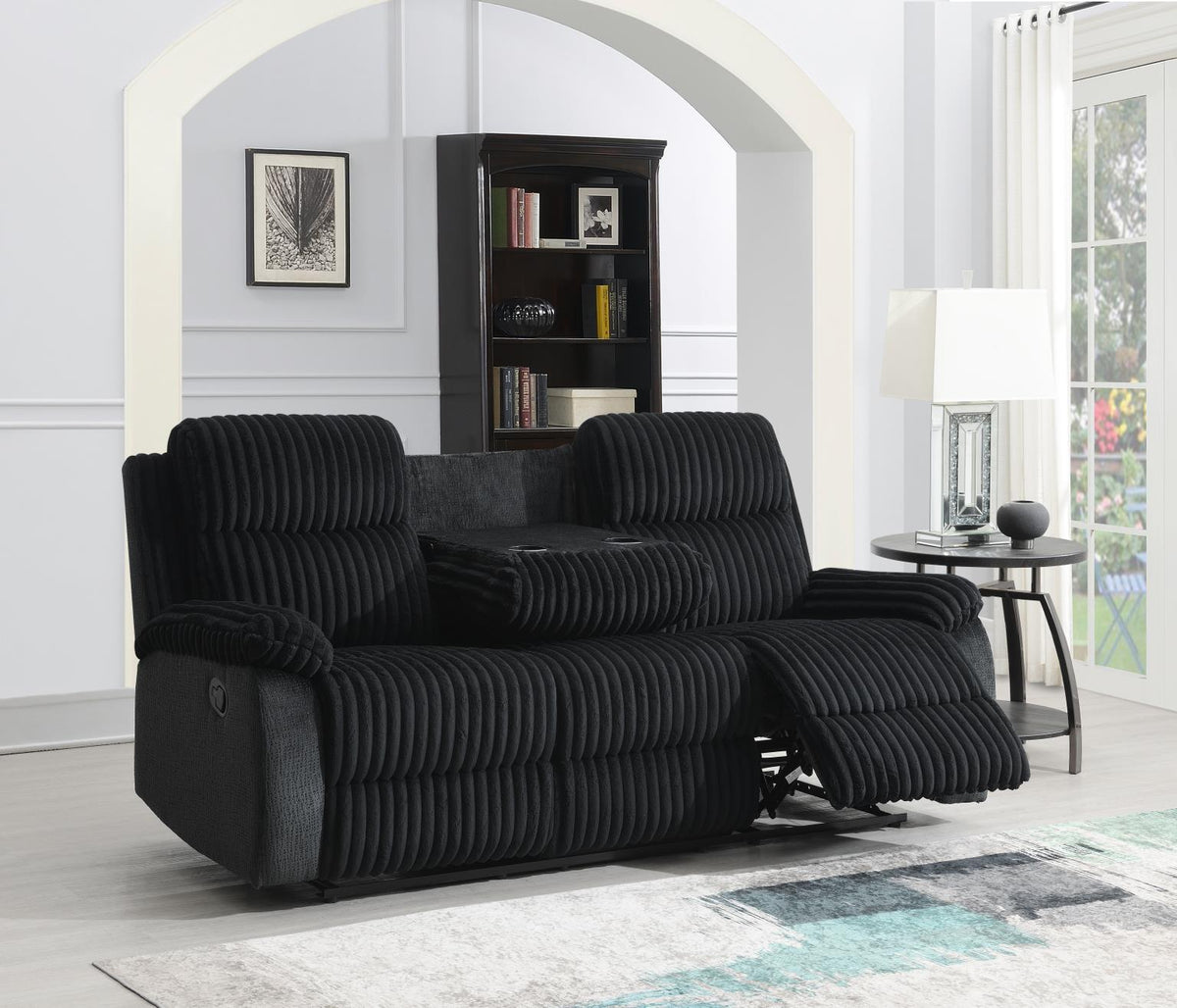 Black Corduroy Motion Sofa with Drop Down Table