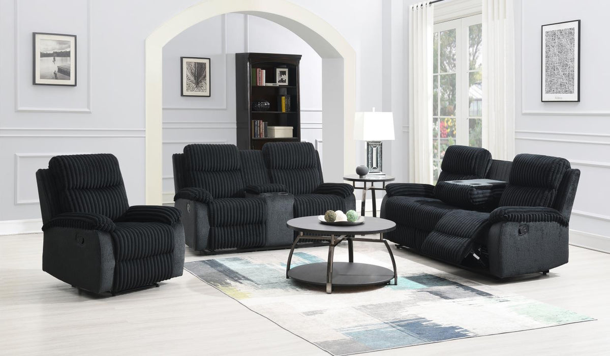 Black Corduroy Motion Sofa with Drop Down Table