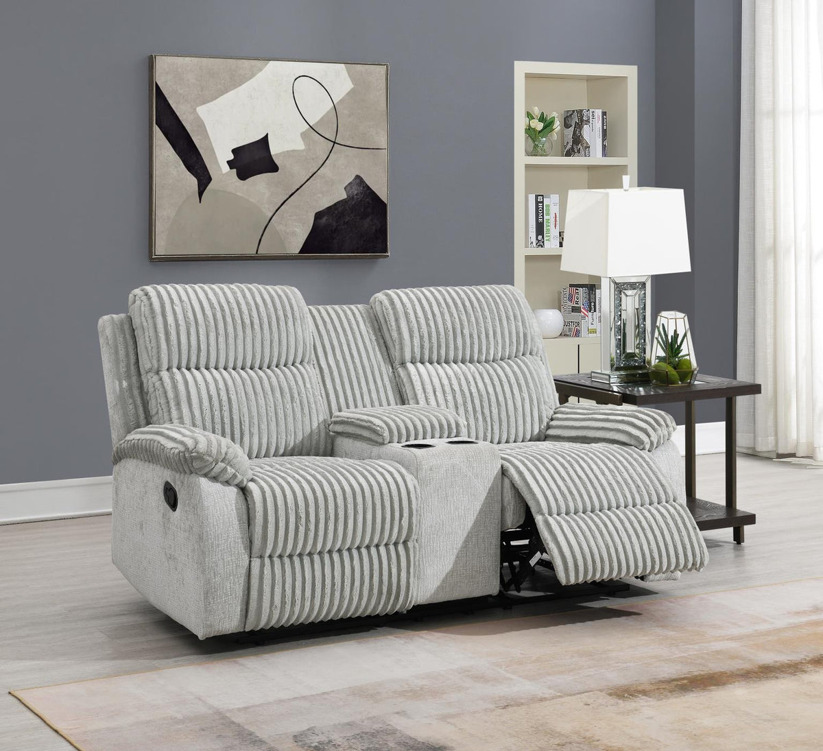 Gray Corduroy Motion Sofa with Drop Down Table