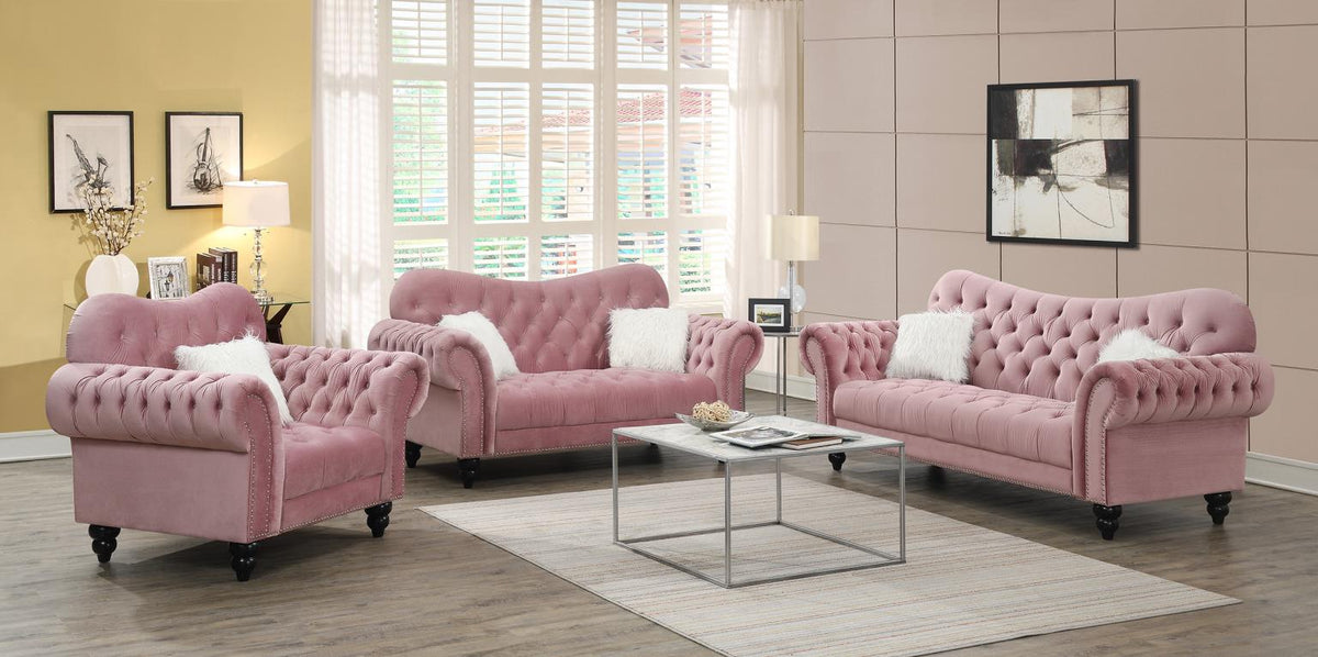 Pink Chair with One White Fur Pillows & Wooden Legs