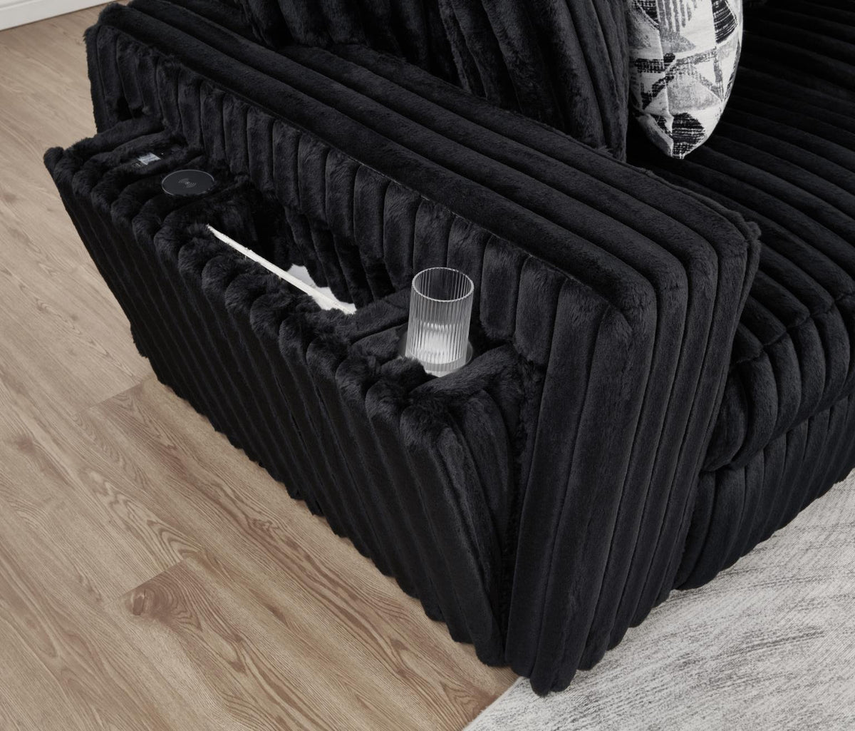Black Corduroy Power Reclining 4-Piece Sectional with 2 Wireless Charger