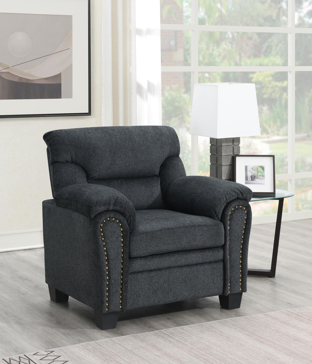 Charcoal Chenille Chair with Nailhead