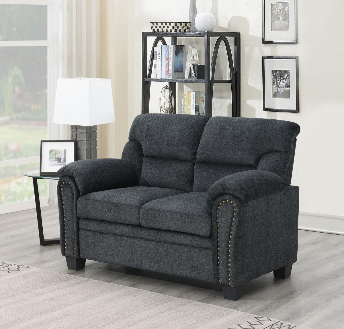 Charcoal Chenille Loveseat with Nailhead