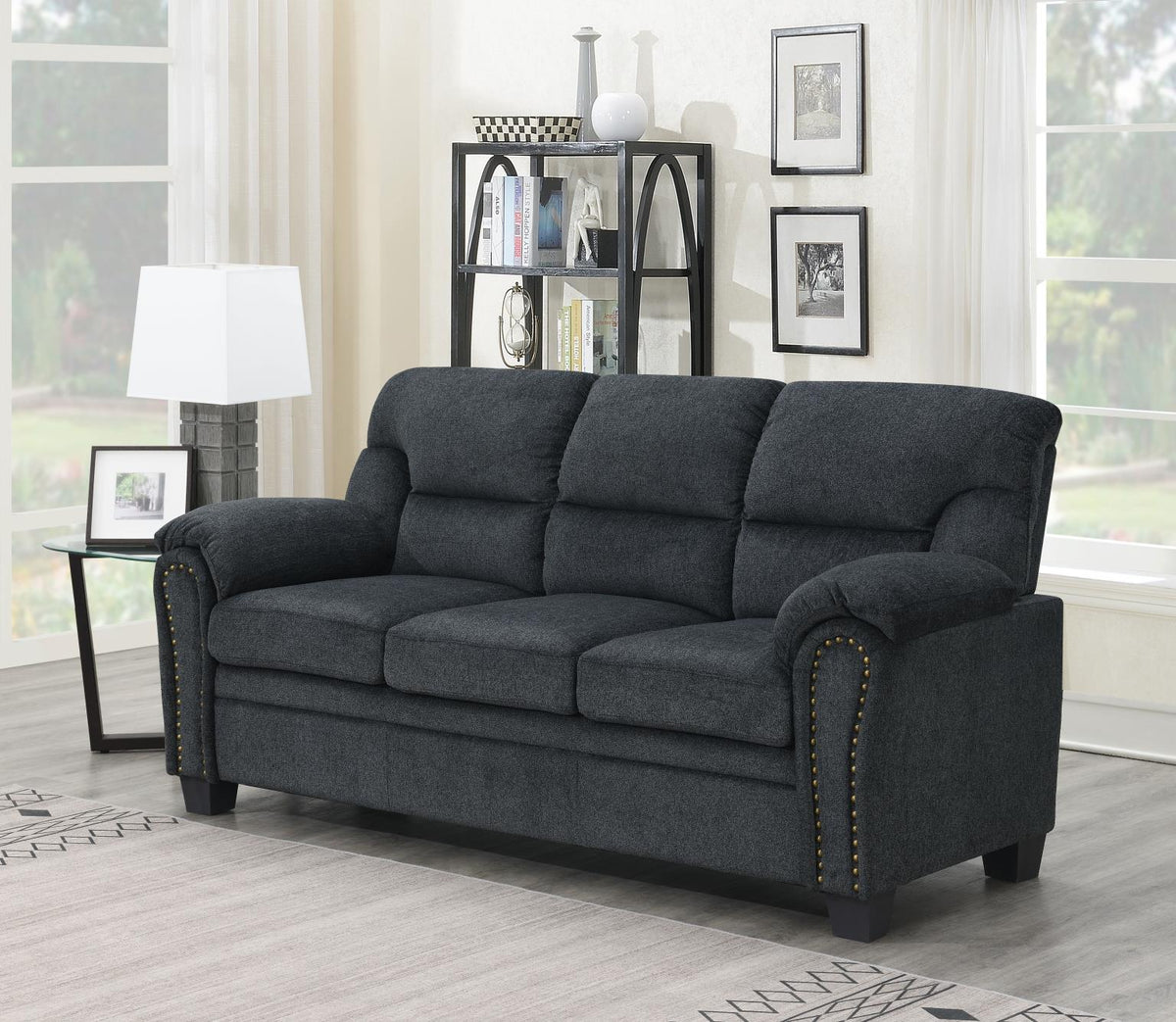 Charcoal Chenille Sofa with Nailhead