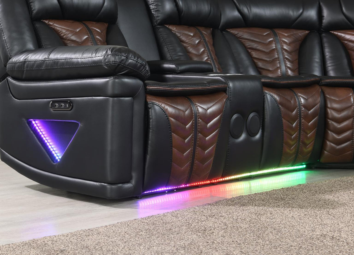 Black/Brown Power 3-Piece Sectional with Bluetooth Speaker, And Wireless Charger, Multi Color LED