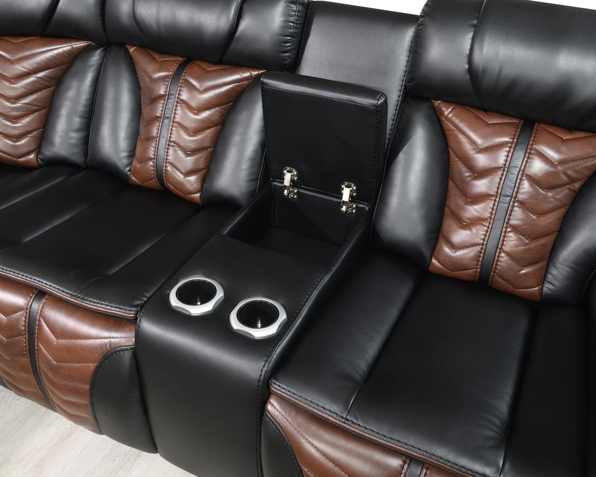 Black/Brown Power 3-Piece Sectional with Bluetooth Speaker, And Wireless Charger, Multi Color LED