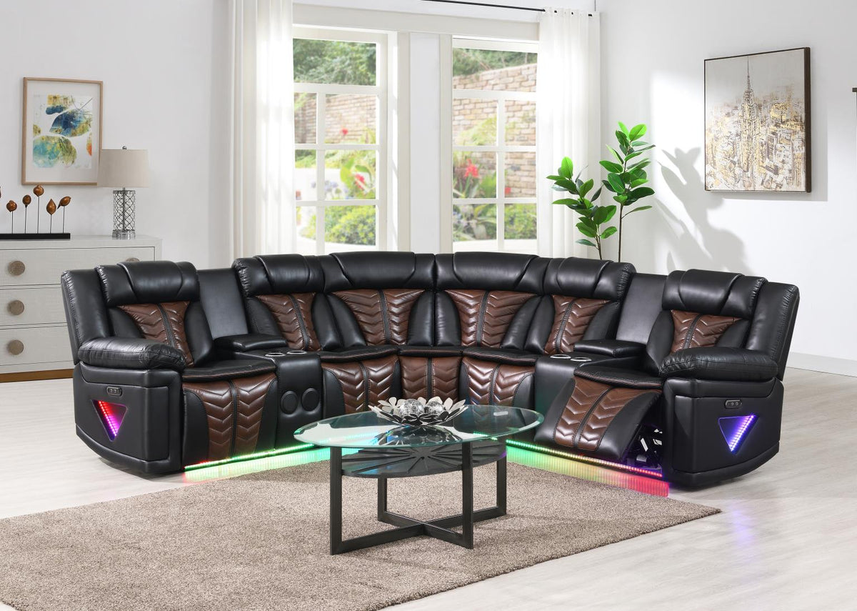Black/Brown Power 3-Piece Sectional with Bluetooth Speaker, And Wireless Charger, Multi Color LED