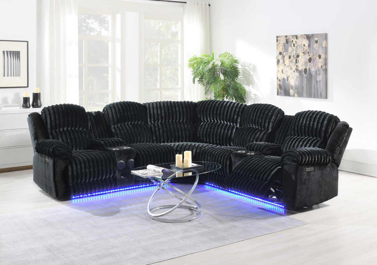 Black Corduroy Power 3-Piece Sectional with Bluetooth Speaker, And Wireless Charger