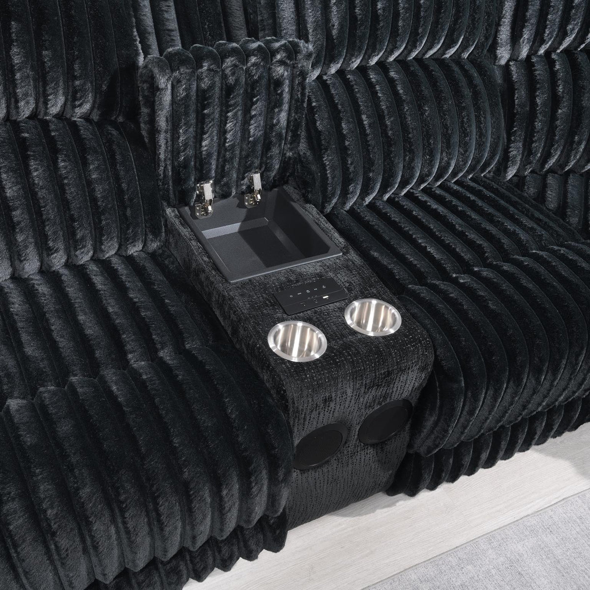 Black Corduroy Power 3-Piece Sectional with Bluetooth Speaker, And Wireless Charger