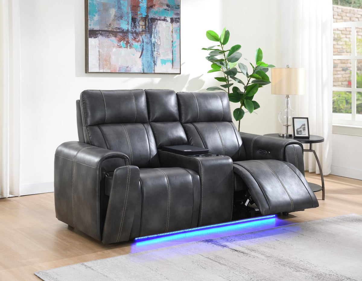 Dark Gray Power Reclining Sofa with Drop Down Table, With Speaker Subwoofer/Wireless Charger, Emm C
