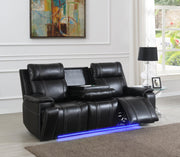 Black LED Power Reclining Sofa with Emm Control Panel, Dropdown Table, Bluetooth Speaker & Wireles
