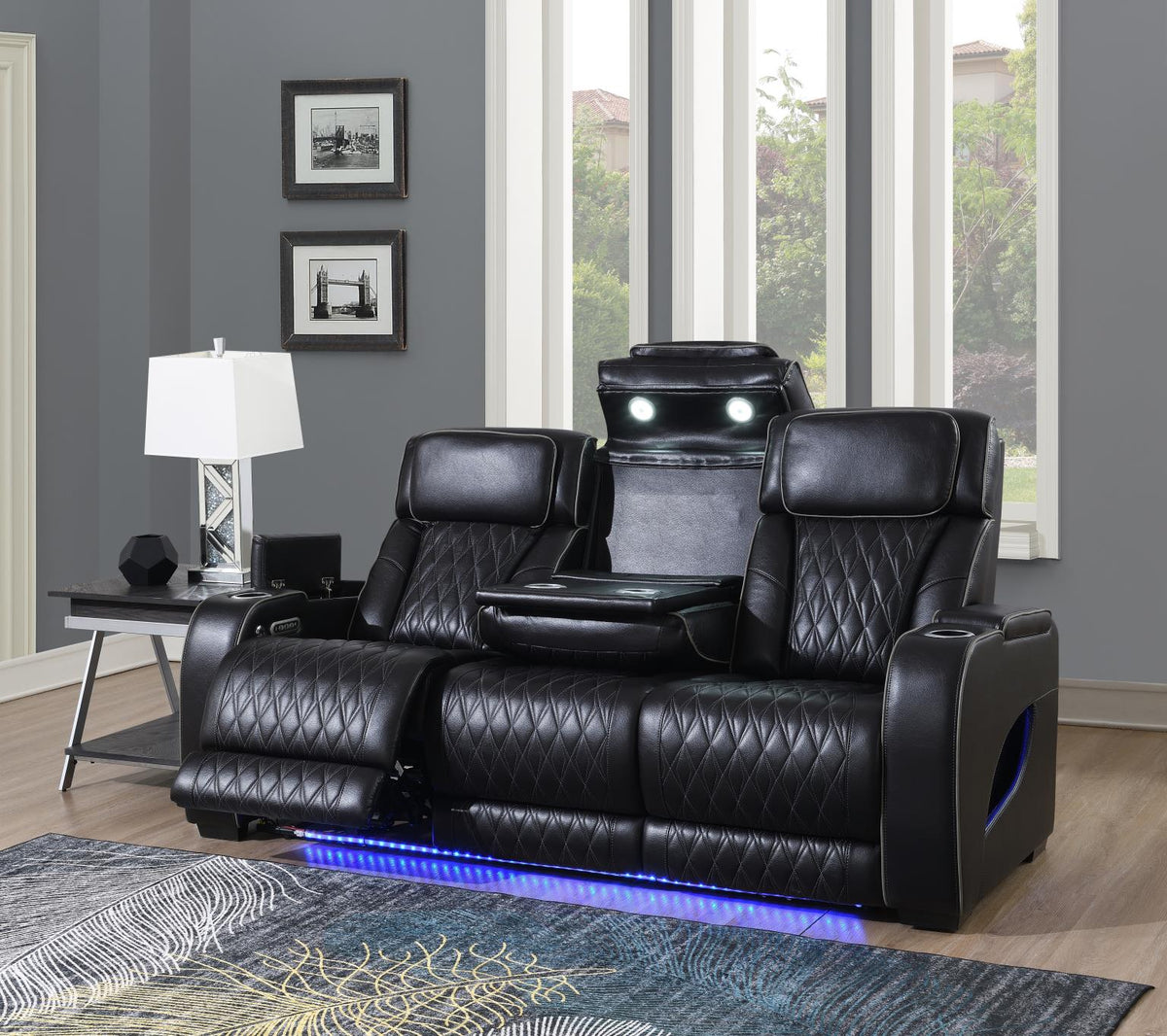Black Power Reclining with Pwr Headrest, Reading Light, Massage, Heat, Ambient Lighting, Storage Ar