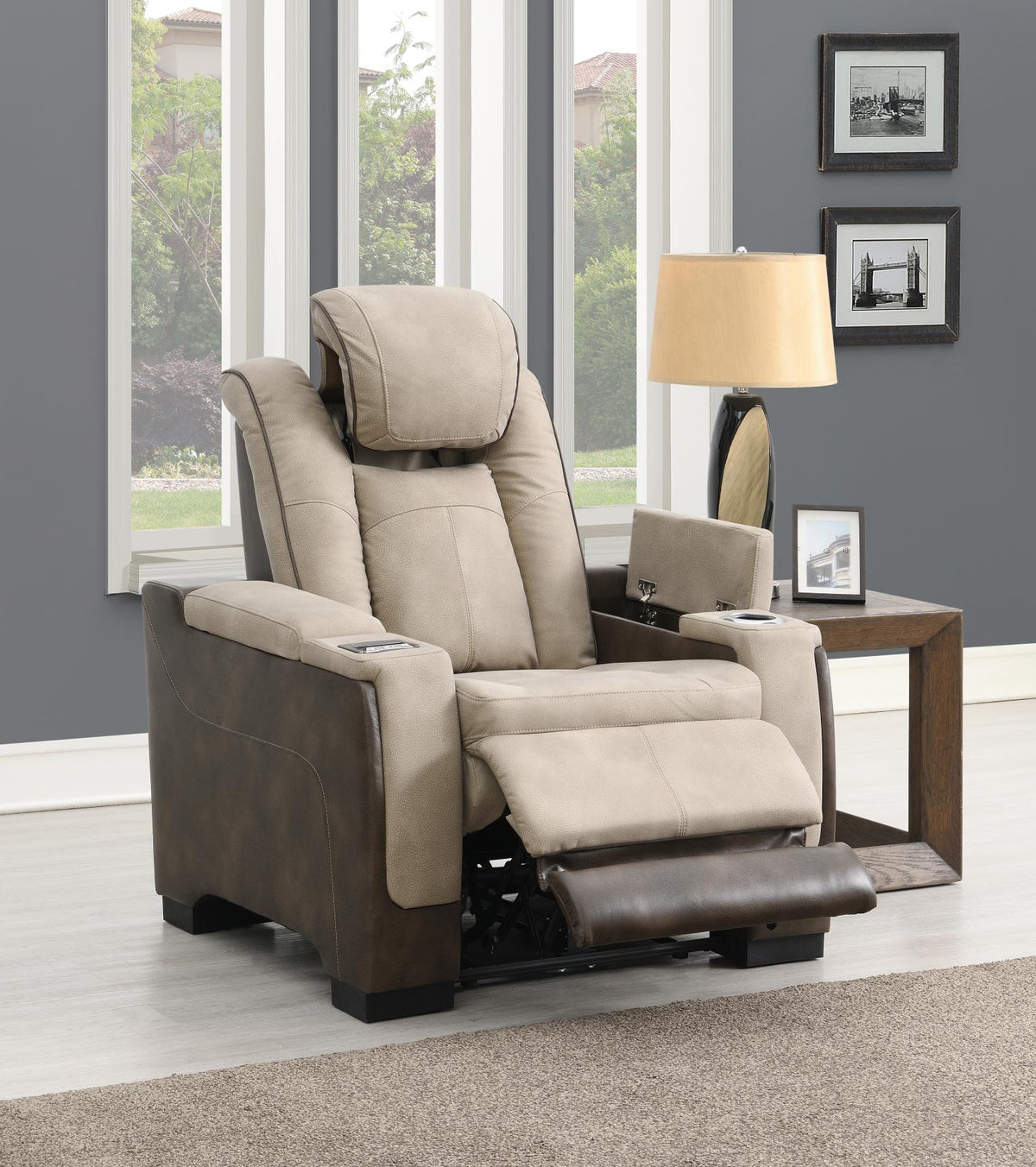 Sand Power Reclining with Pwr Headrest, Storage Arms/USB And Wireless Charger Chair