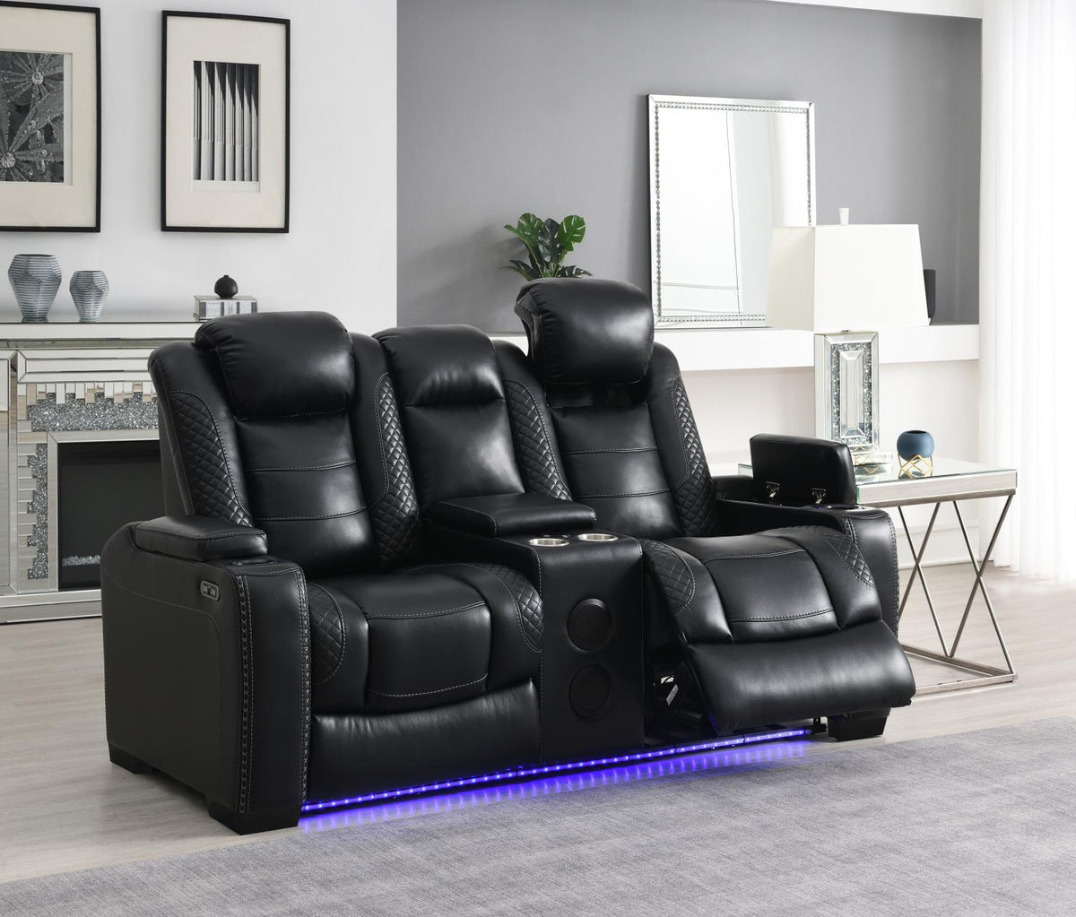 Black LED Power Reclining with Pwr Headrest, Bluetooth Speaker, And Drop Down Table Loveseat
