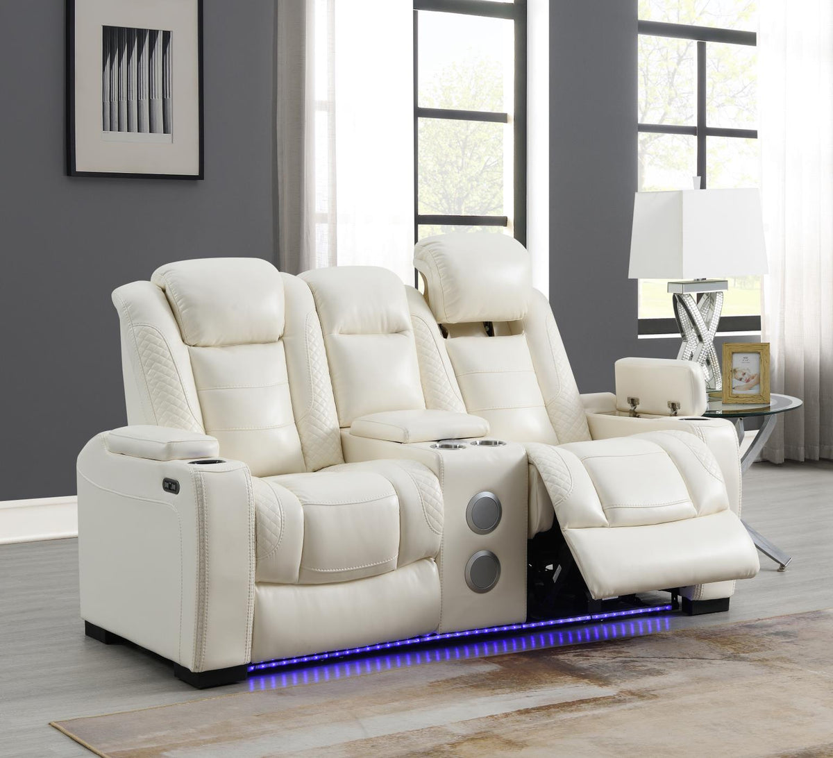 White LED Power Reclining with Pwr Headrest, Bluetooth Speaker, And Drop Down Table Loveseat