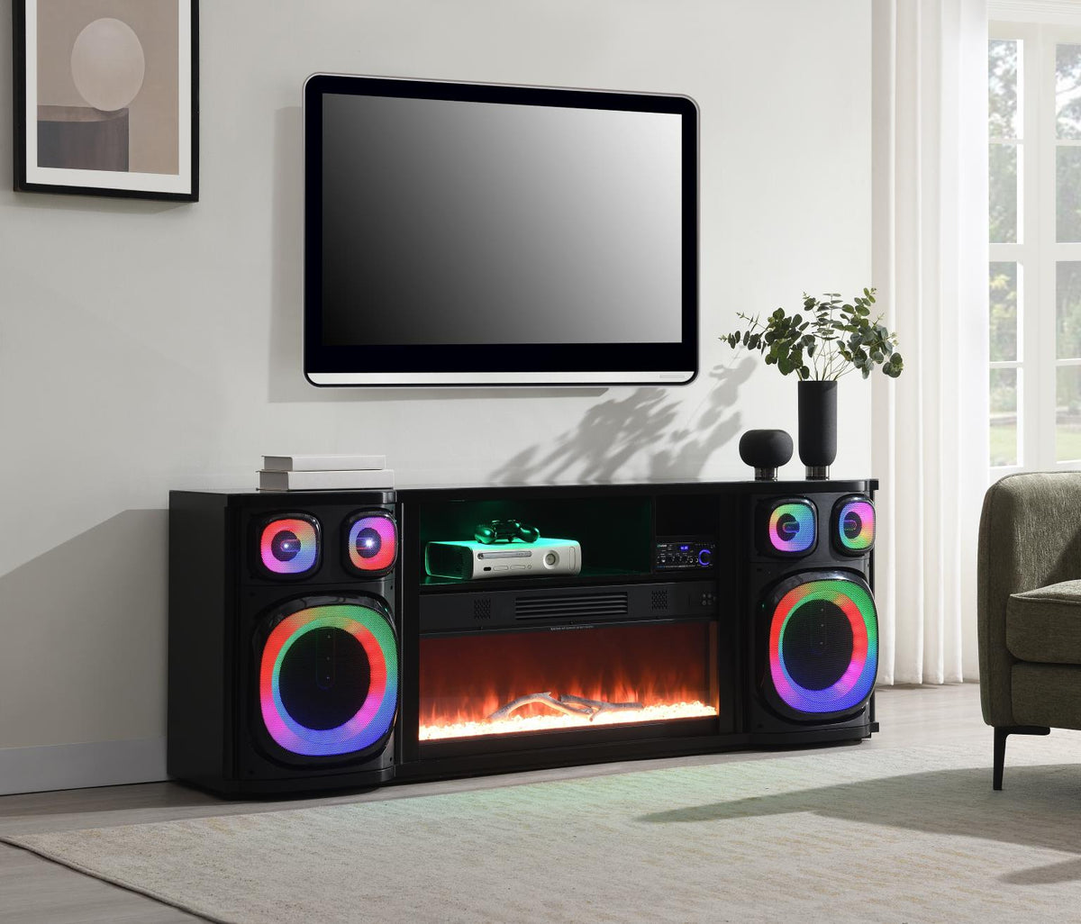 Black Fireplace TV Stand with Bluetooth Speaker, 7 Colors, RGB Downlights