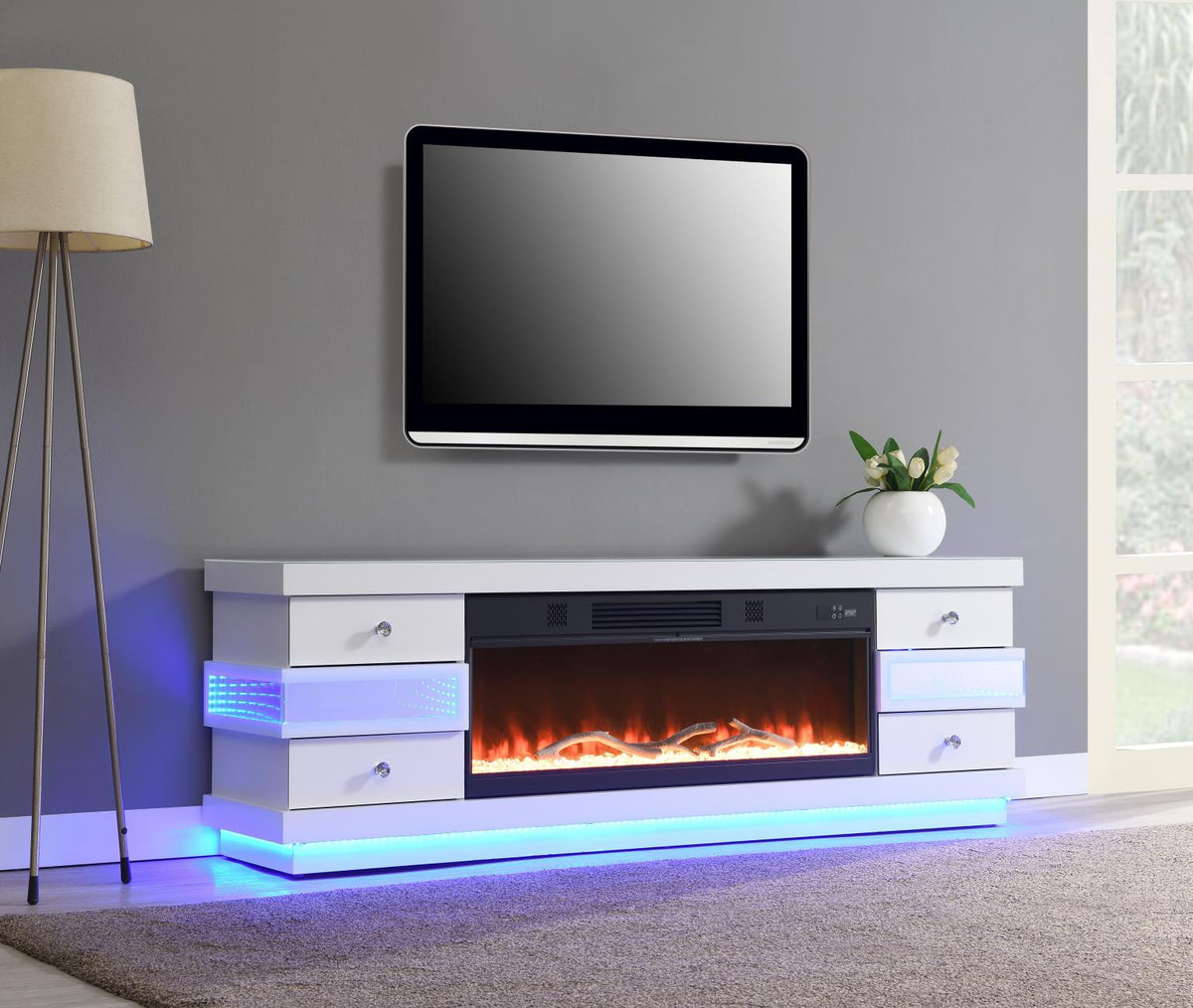 White Fireplace TV Stand with Bluetooth Speaker, Heater, Multi Colors,RGB Light