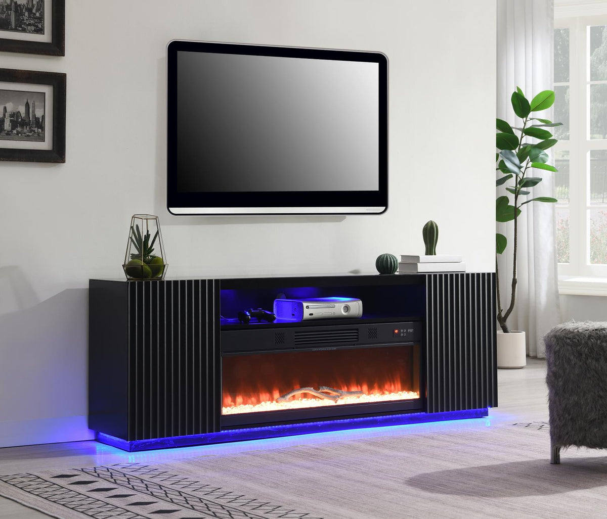 Black Fireplace TV Stand with Bluetooth Speaker, Heater, 7 Colors Colors,RGB Downlight, RGB LED L